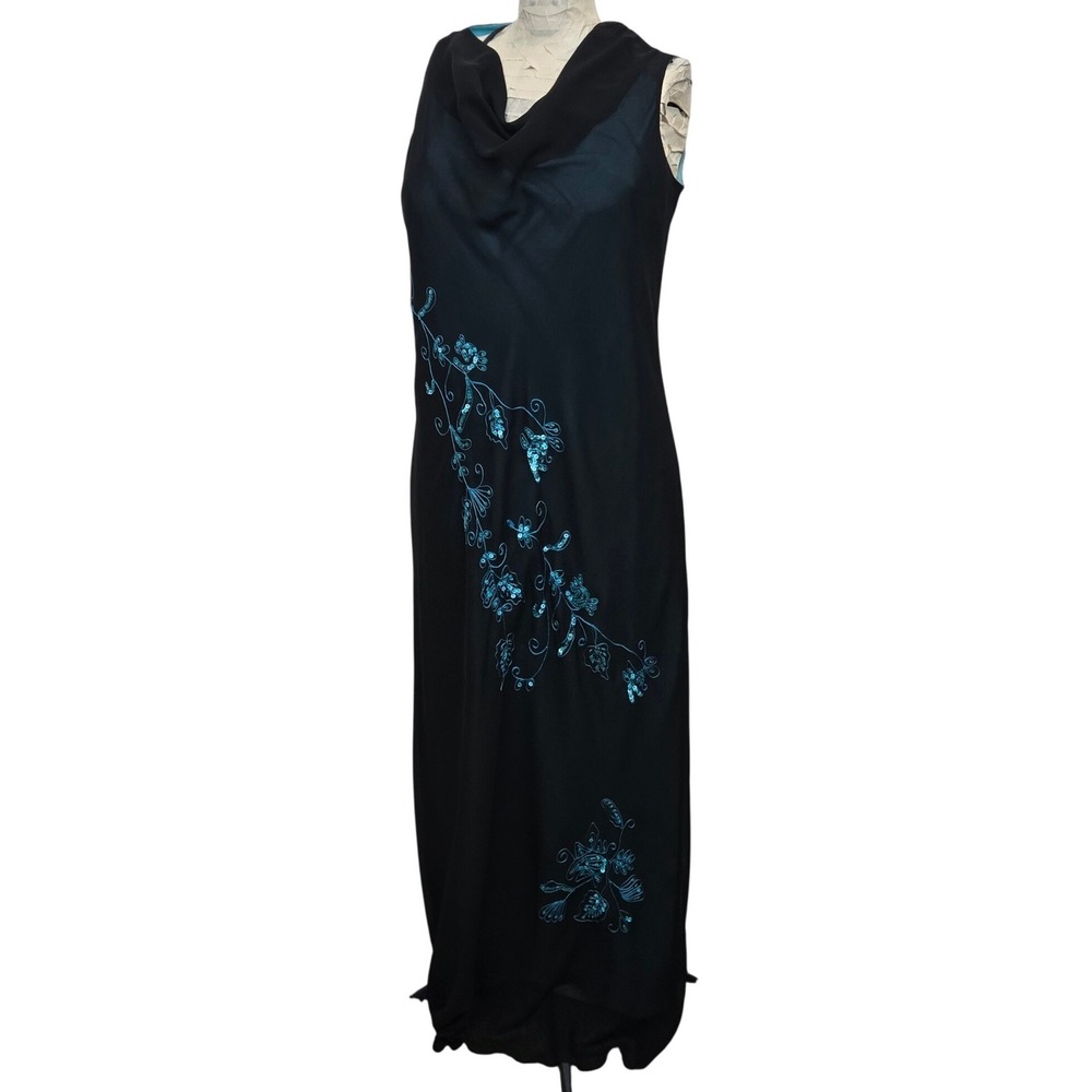 VTG 90s AGB Prom Dress 12( S/M) Black Teal Cowl Neck Floral Sequin Whimsigoth